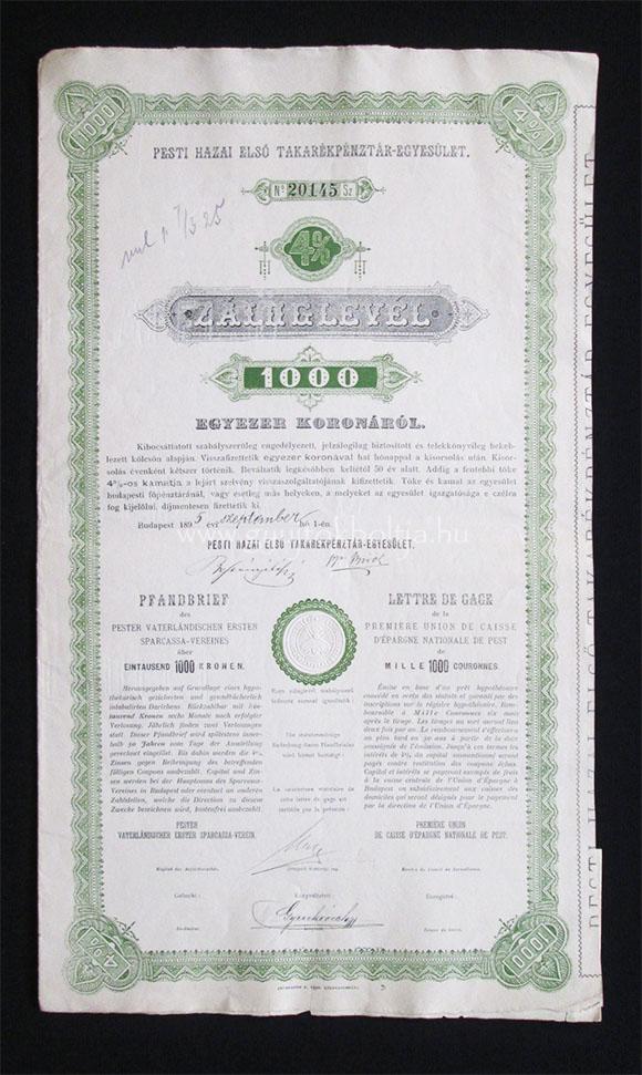 Pesti Hazai Elsõ Takarékpénztár záloglevél 1000 korona 1895